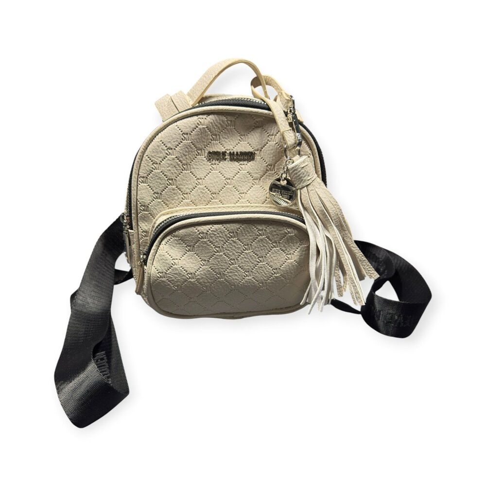 Steve Madden Mini Backpack BBLOGO Embossed Tan Beige Black Gold Hardware